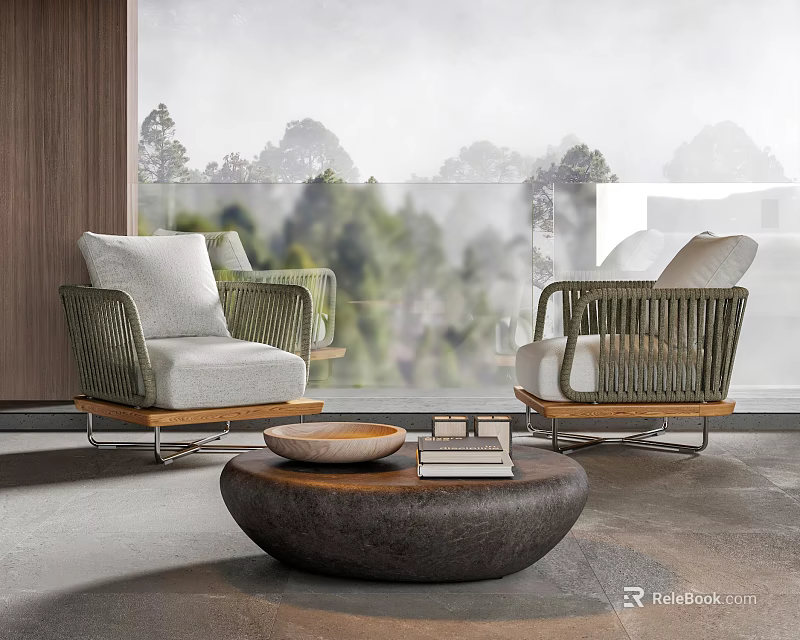 Modern Rattan Leisure Chairs with Cushions in Balcony Scenic View and Coffee Table with Books 3d model 