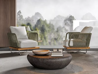 Modern Rattan Leisure Chairs with Cushions in Balcony Scenic View and Coffee Table with Books 3d model