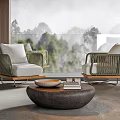Modern Rattan Leisure Chairs with Cushions in Balcony Scenic View and Coffee Table with Books