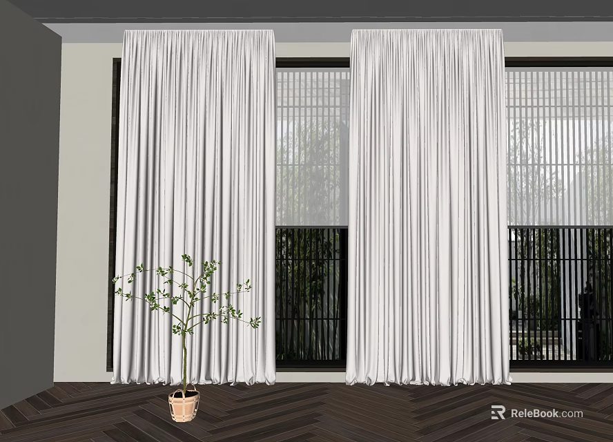 White Floor Length Curtains In Modern Indoor Space With Window And Potted Plant 3d model 