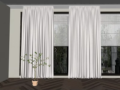 White Floor Length Curtains In Modern Indoor Space With Window And Potted Plant 3d model