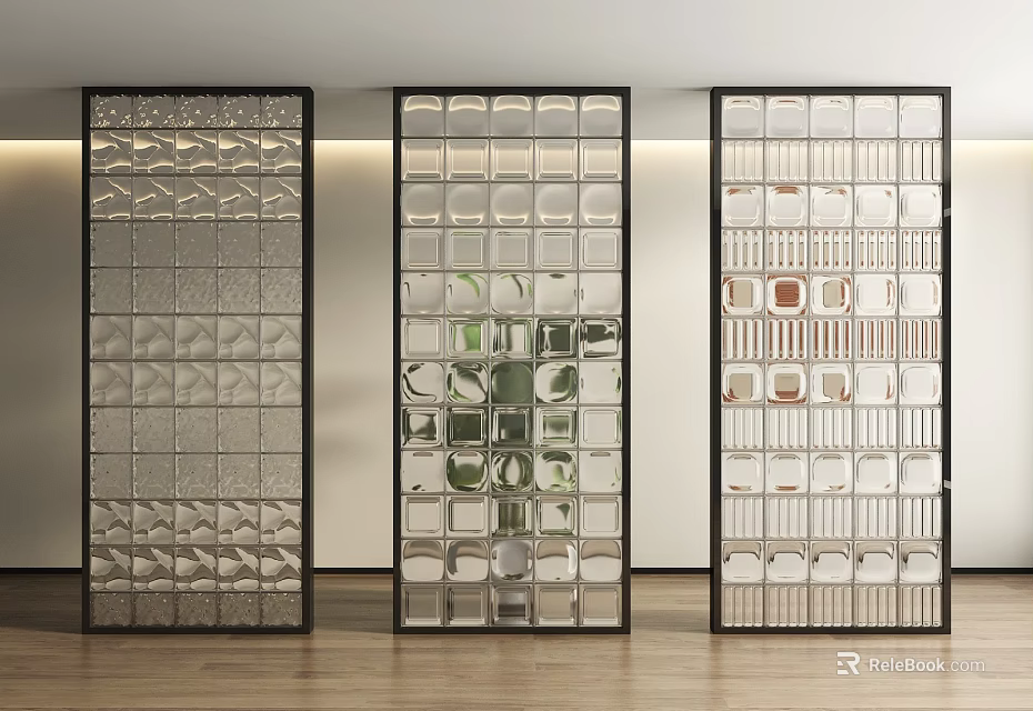 Glass Room Dividers In Modern Interior With Various Glass Blocks And Black Frames 3d model 