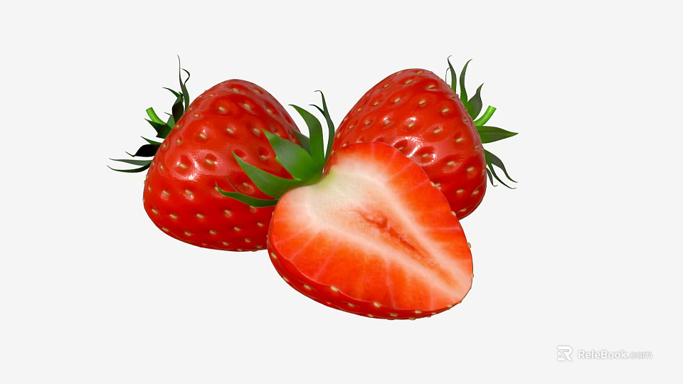 Three Fresh Ripe Strawberries With One Halved Showing Juicy Red Flesh And Green Leaves 3d model 