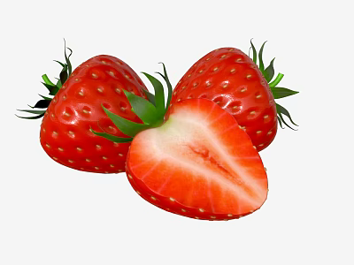 Three Fresh Ripe Strawberries With One Halved Showing Juicy Red Flesh And Green Leaves 3d model