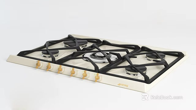 Gas Stove Kitchen Appliance With White Panel Black Burners And Gold Knobs 3d model