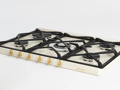 Gas Stove Kitchen Appliance With White Panel Black Burners And Gold Knobs 3d model