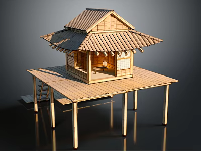 Cartoon Scene Of Traditional Japanese Wooden Hut With Tiled Roof Platform And Stairs 3d model