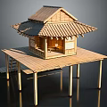 Cartoon Scene Of Traditional Japanese Wooden Hut With Tiled Roof Platform And Stairs
