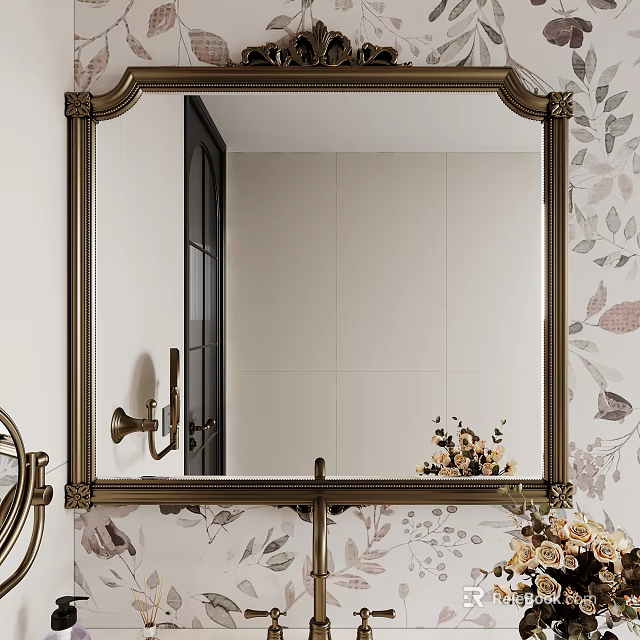 Ornate Framed Bathroom Mirror on Floral Patterned Wall with Wall Mounted Lamp and Vase Flowers 3d model 