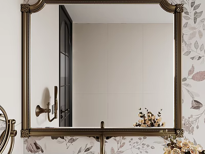 Ornate Framed Bathroom Mirror on Floral Patterned Wall with Wall Mounted Lamp and Vase Flowers 3d model
