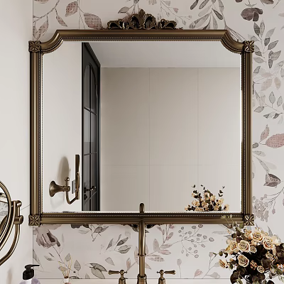 Ornate Framed Bathroom Mirror on Floral Patterned Wall with Wall Mounted Lamp and Vase Flowers 3d model