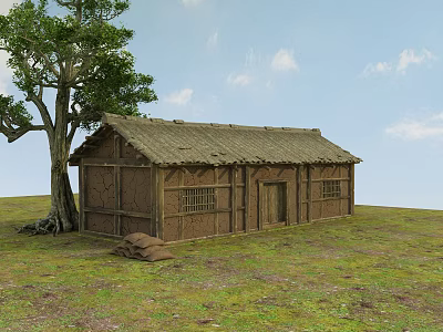 Traditional Wooden House With Thatched Roof Near Large Tree On Grassland With Sacks 3d model