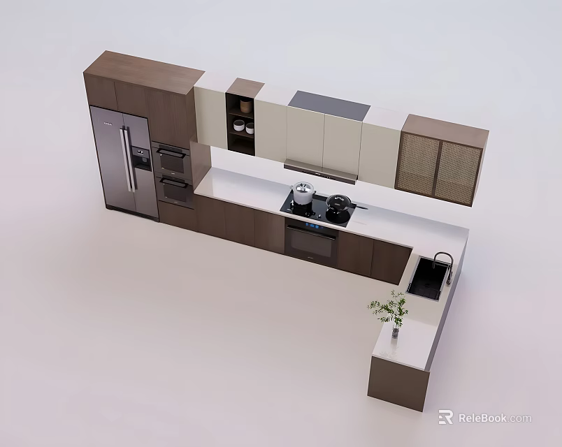 Modern Kitchen Design With Brown And White Cabinets Countertop And Appliances 3d model 