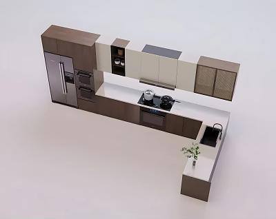 Modern Kitchen Design With Brown And White Cabinets Countertop And Appliances 3d model