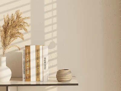 Interior Decorative Ornament Set With Pampas Grass White Vase Books Ceramic Pot And Light Shadows 3d model