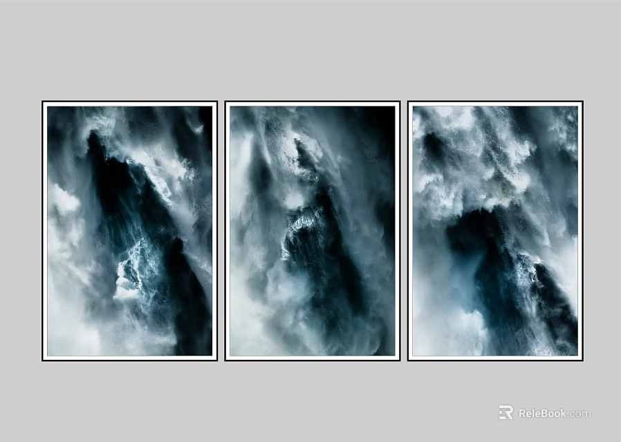 Three Panel Abstract Ocean Wave Wall Art In Blue Black White For Modern Home Decor 3d model 