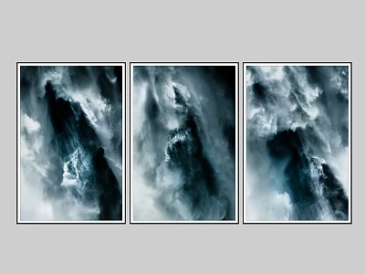 Three Panel Abstract Ocean Wave Wall Art In Blue Black White For Modern Home Decor 3d model