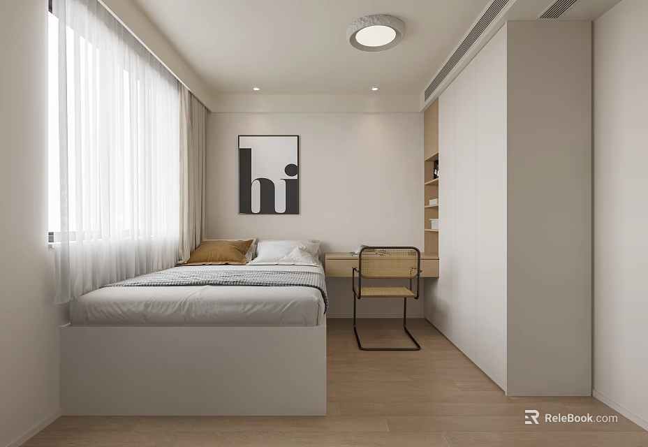 Modern Tatami Bedroom With White Curtains Black And White Painting Desk Chair And Wooden Floor 3d model 