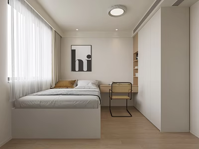 Modern Tatami Bedroom With White Curtains Black And White Painting Desk Chair And Wooden Floor 3d model