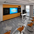 Modern School Classroom With Orange Chairs Interactive Screen And Open Layout