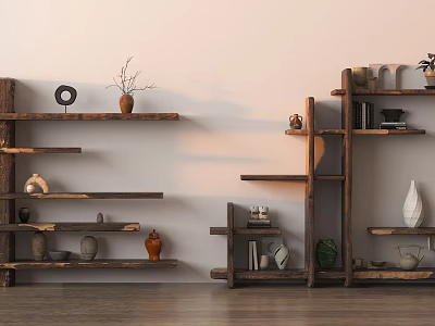 Wooden Shelving Unit With Various Shelves Displaying Decorative Items And Books 3d model