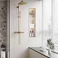 Modern Bathroom Interior With Floral Wallpaper Toilet Vanity Gold Shower And Tiled Floor