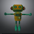Cartoon Orange Green Robot with Round Head Eyes Control Panel and Extended Arms Legs