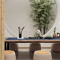 Traditional Tea Table with Stools Bamboo Screen Circular Mirror Bamboo Plant and Tea Set 3d model