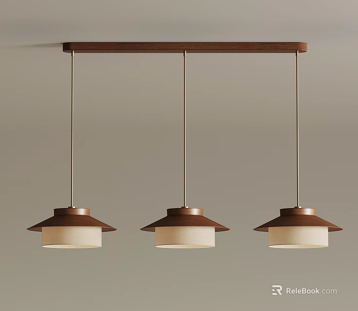 Modern Wooden Chandelier With Three Pendant Lights And Fabric Shades Design 3d model 