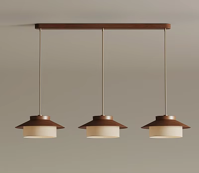 Modern Wooden Chandelier With Three Pendant Lights And Fabric Shades Design 3d model