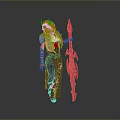 Fantasy Woman With Blue Hair And Horns In Black Outfit Holding Red Detailed Weapon