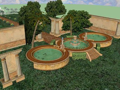 Elegant Entrance Gate In Courtyard With Circular Ponds Fountains Stone Columns And Lush Greenery 3d model