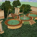 Elegant Entrance Gate In Courtyard With Circular Ponds Fountains Stone Columns And Lush Greenery