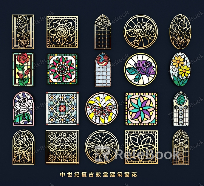 European-style Artistic Window Glass Doors and Windows Medieval Retro Church Architectural Window Window Flower Arch Frame Glass Decorative Pattern model