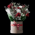 Decorative Ornament Arrangement with Red Roses Green Leaves Berries Pinecones in Cylindrical Box Red Ribbon