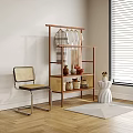 Wooden Clothes Rack with Hanging Garments Storage Baskets and Woven Chair near Window in Room