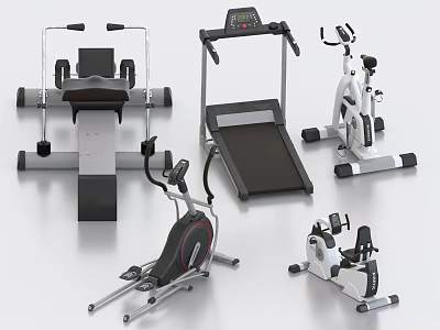 Sports Equipment For Home Fitness Including Weight Bench Treadmill Stationary Bike Elliptical And Ab Trainer 3d model