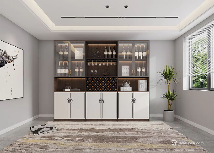 Modern Wine Cabinet With Glass Doors White Cabinet Doors Wine Bottles And Glassware In Interior 3d model 