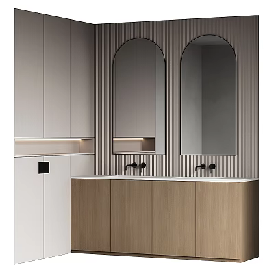 Modern Bathroom Vanity With Double Arched Mirrors Wooden Cabinets And Built In Lighting 3d model