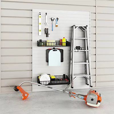 Organized Garage Wall With Hardware Tools Ladder And Lawn Mower Storage 3d model