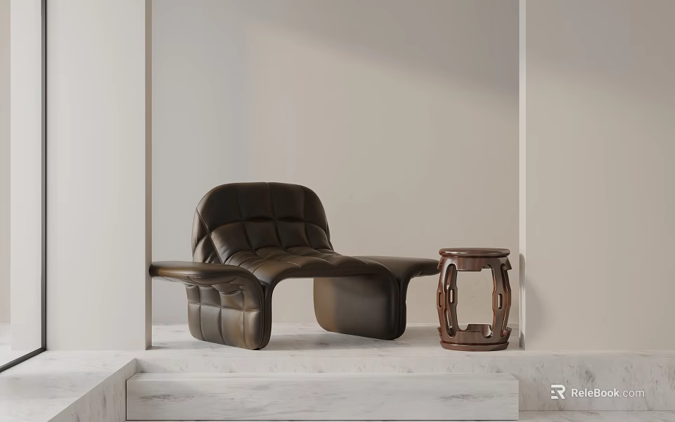 Brown Leather Tufted Accent Chair With Wooden Side Table On Marble Step In Minimalist Room 3d model 