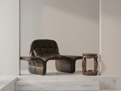 Brown Leather Tufted Accent Chair With Wooden Side Table On Marble Step In Minimalist Room 3d model