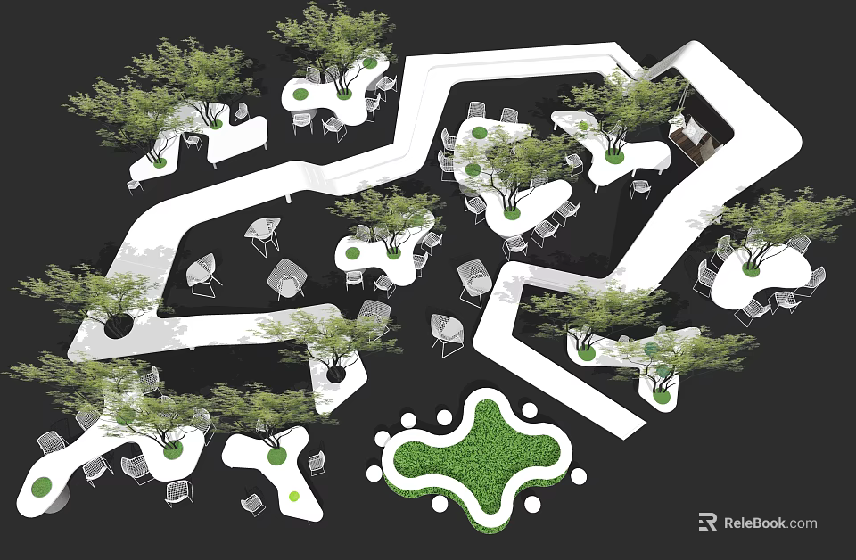 Outdoor Garden Table Chair Sets With Trees Lawn And White Pathways 3d model 