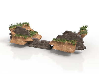 Modern Scene Featuring Broken Stone Walls With Grass Covered Sections 3d model
