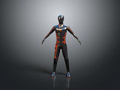 Sci Fi Game And Movie Character With Black Orange Tight Suit And Blue Glowing Head 3d model