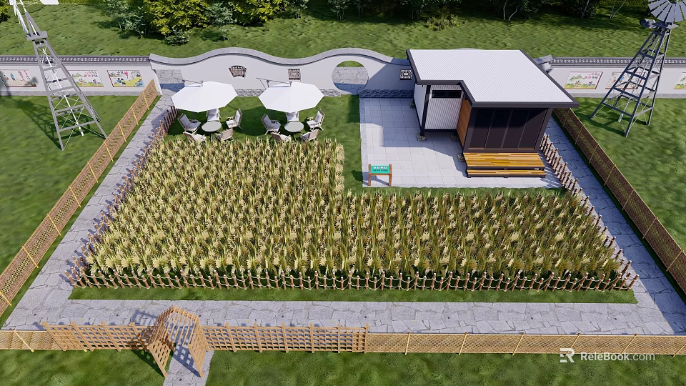 Tranquil Backyard Garden With Cultivated Field White Umbrellas Gazebo Bamboo Fence And Stone Path 3d model 