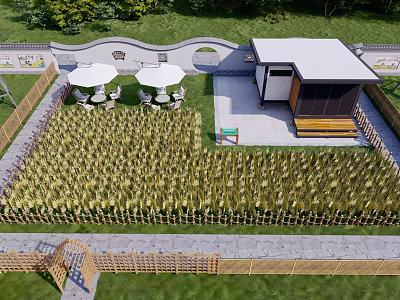 Tranquil Backyard Garden With Cultivated Field White Umbrellas Gazebo Bamboo Fence And Stone Path 3d model