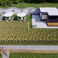 Tranquil Backyard Garden With Cultivated Field White Umbrellas Gazebo Bamboo Fence And Stone Path