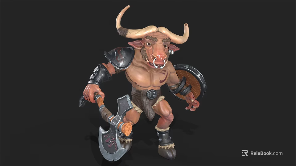 Fantasy Bull Warrior Character With Horns Armor Axe Shield And Muscular Build 3d model 