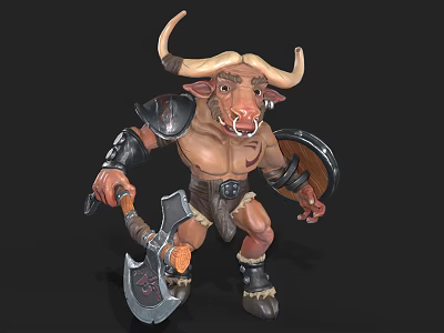 Fantasy Bull Warrior Character With Horns Armor Axe Shield And Muscular Build 3d model